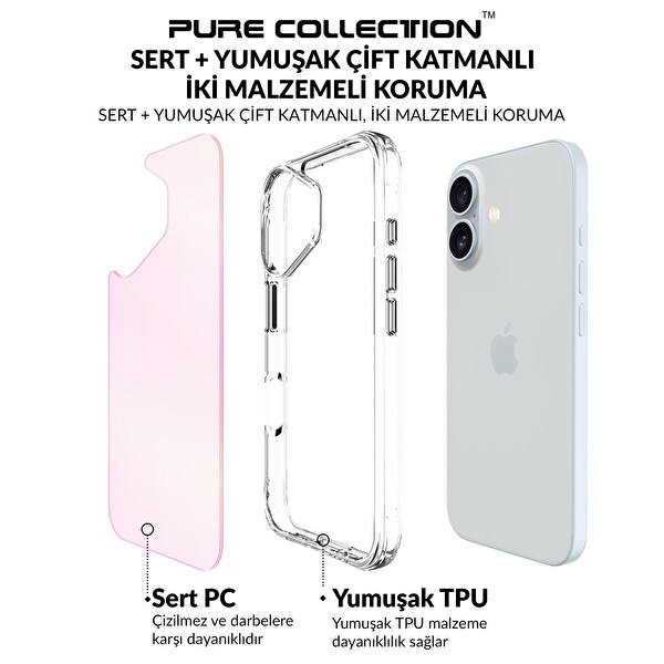Bix iPhone 16 Uyumlu Çizilmeye Dayanıklı Rainbow Geçişli Şeffaf Pembe Telefon Kılıfı