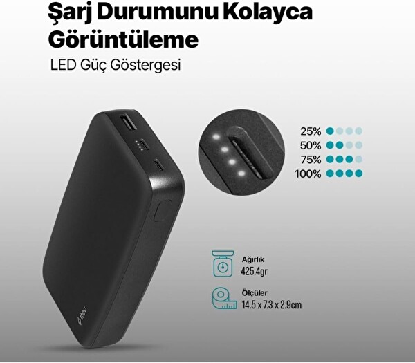 Ttec ChargeUp 2BB210S 20.000 mAh Taşınabilir Hızlı Şarj Aleti Powerbank Siyah