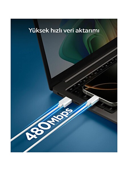 Spigen ACA08715 480 Mbps 60W USB-A To USB-C - Type-C Hızlı Şarj Kablosu 1 M Beyaz
