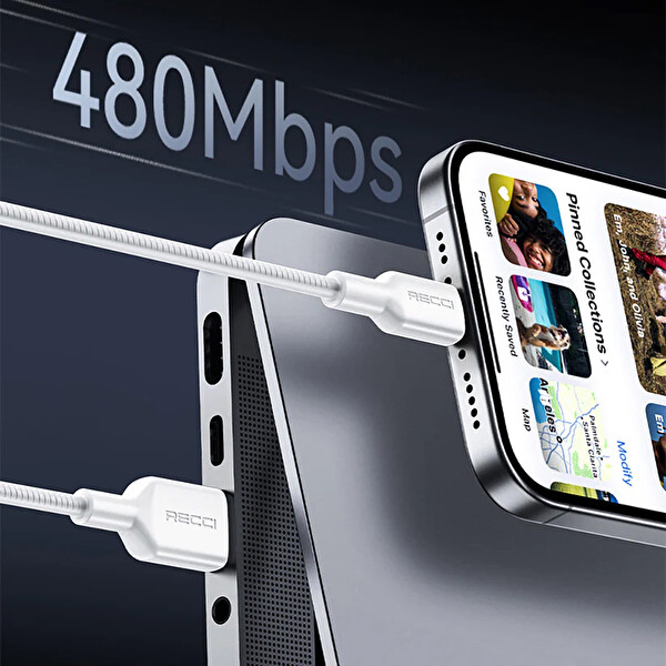 Recci RS46CC Type-C to Type-C PD 65W Hızlı Şarj Özellikli Data Ve Şarj Kablosu 1.2M - Beyaz
