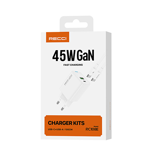 Recci RC108E 45 W Type-C Kablolu Hızlı Şarj Adaptörü
