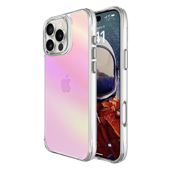 Bix iPhone 16 Pro Max Uyumlu Çizilmeye Dayanıklı Rainbow Geçişli Şeffaf Pembe Telefon Kılıfı