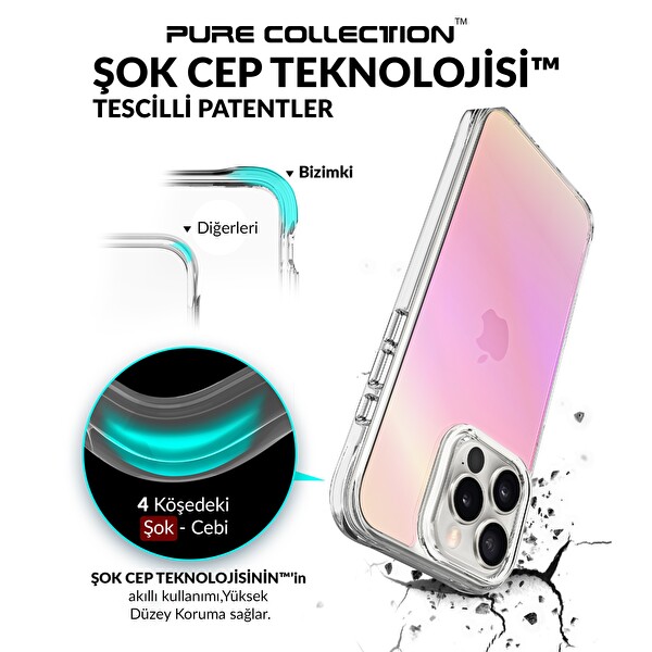 Bix iPhone 16 Pro Max Uyumlu Çizilmeye Dayanıklı Rainbow Geçişli Şeffaf Pembe Telefon Kılıfı