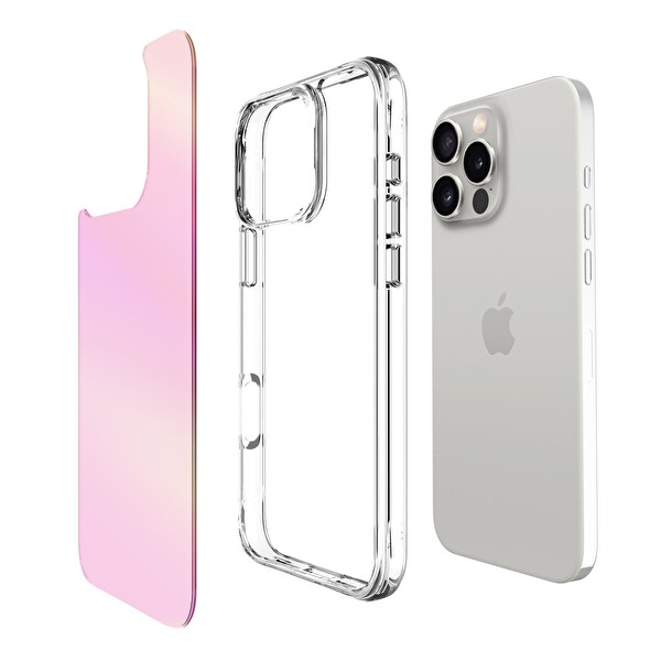 Bix iPhone 16 Pro Max Uyumlu Çizilmeye Dayanıklı Rainbow Geçişli Şeffaf Pembe Telefon Kılıfı