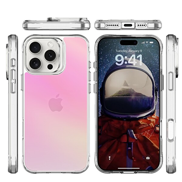 Bix iPhone 16 Pro Max Uyumlu Çizilmeye Dayanıklı Rainbow Geçişli Şeffaf Pembe Telefon Kılıfı