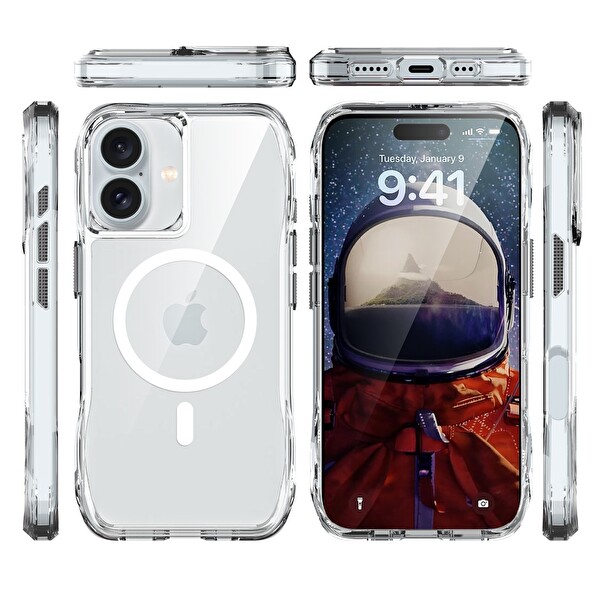 Bix iPhone 16 Plus Uyumlu Octagon Hava Yastıklı MagSafe Antrasit Kristal Şeffaf Telefon Kılıfı