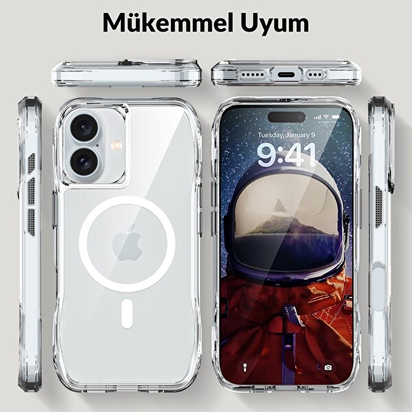 Bix iPhone 16 Plus Uyumlu Octagon Hava Yastıklı MagSafe Antrasit Kristal Şeffaf Telefon Kılıfı