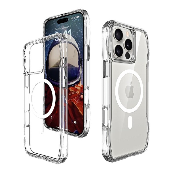 Bix iPhone 16 Pro Max Uyumlu Octagon Hava Yastıklı MagSafe Antrasit Kristal Şeffaf Telefon Kılıfı