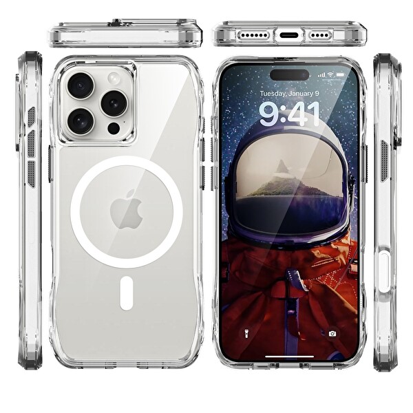 Bix iPhone 16 Pro Max Uyumlu Octagon Hava Yastıklı MagSafe Antrasit Kristal Şeffaf Telefon Kılıfı