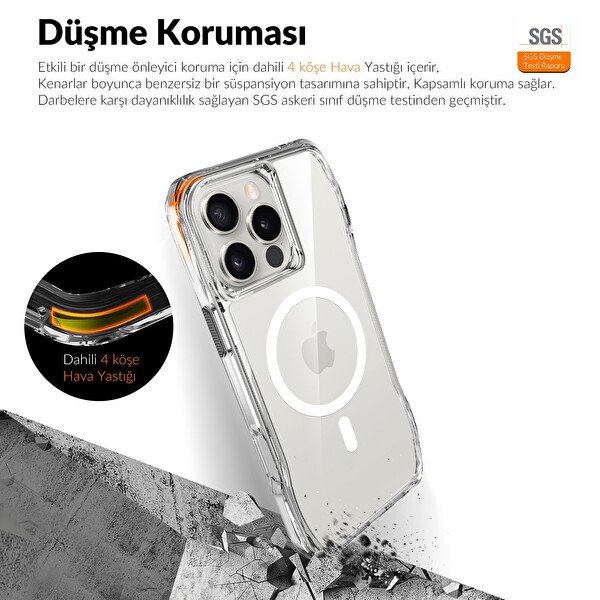 Bix iPhone 16 Pro Max Uyumlu Octagon Hava Yastıklı MagSafe Antrasit Kristal Şeffaf Telefon Kılıfı