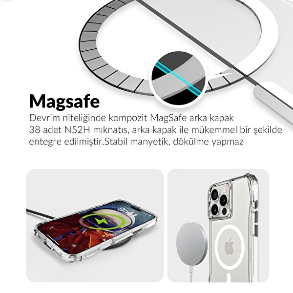 Bix iPhone 16 Pro Max Uyumlu Octagon Hava Yastıklı MagSafe Antrasit Kristal Şeffaf Telefon Kılıfı
