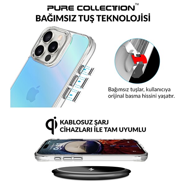 Bix iPhone 16 Pro Max Uyumlu Çizilmeye Dayanıklı Rainbow Geçişli Şeffaf Mavi Telefon Kılıfı