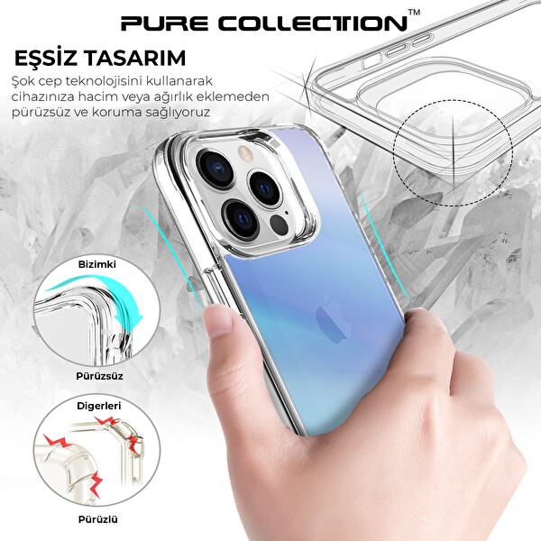 Bix iPhone 13 Pro Pure Rainbow Renk Geçişli Şeffaf Kılıf Çizilmeye Dayanıklı Darbe Emici Parmak İzi Önleyici Mavi