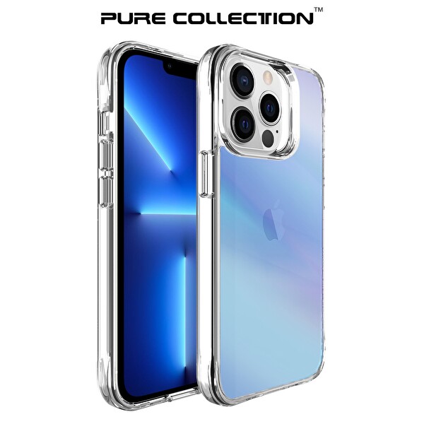 Bix iPhone 13 Pro Pure Rainbow Renk Geçişli Şeffaf Kılıf Çizilmeye Dayanıklı Darbe Emici Parmak İzi Önleyici Mavi