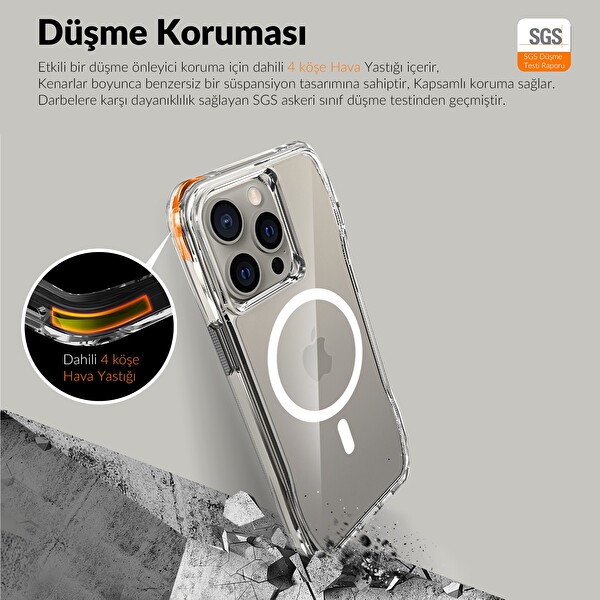 Bix iPhone 15 Pro Octagon Hava Yastıklı MagSafe Kılıf Maksimum Korumalı Antrasit Kristal Şeffaf