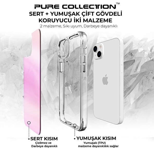 Bix iPhone 14 Plus - 15 Plus Pure Rainbow Renk Geçişli Şeffaf Kılıf Çizilmeye Dayanıklı Darbe Emici Pembe