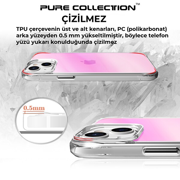 Bix iPhone 14 Plus - 15 Plus Pure Rainbow Renk Geçişli Şeffaf Kılıf Çizilmeye Dayanıklı Darbe Emici Pembe