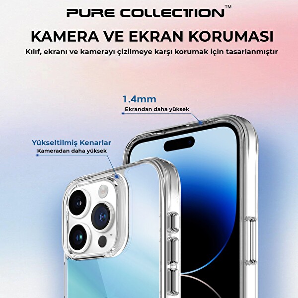 Bix iPhone 15 Pro Pure Rainbow Renk Geçişli Şeffaf Kılıf Çizilmeye Dayanıklı Darbe Emici Mavi
