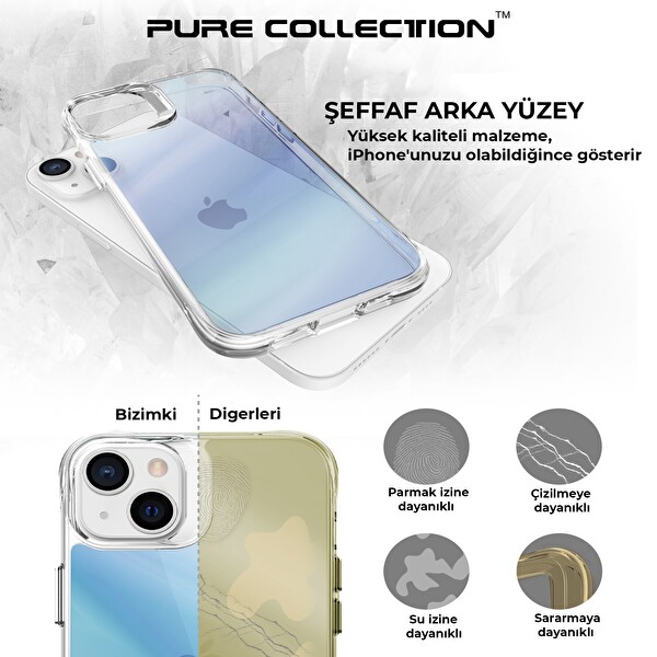 Bix iPhone 13 - 14 Pure Rainbow Renk Geçişli Şeffaf Kılıf Çizilmeye Dayanıklı Darbe Emici Parmak İzi Önleyici Mavi