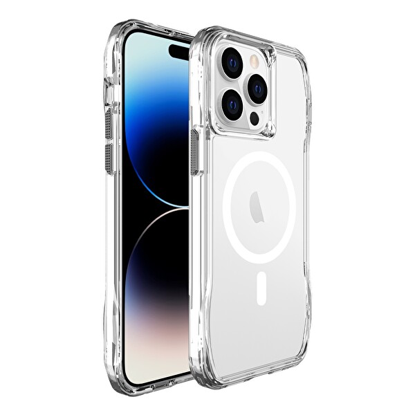 Bix iPhone 13 Pro - 14 Pro Octagon Hava Yastıklı MagSafe Kılıf Maksimum Korumalı Antrasit Kristal Şeffaf