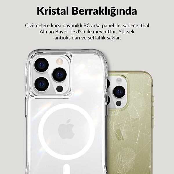 Bix iPhone 13 Pro - 14 Pro Octagon Hava Yastıklı MagSafe Kılıf Maksimum Korumalı Antrasit Kristal Şeffaf