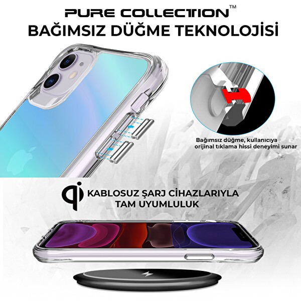 Bix iPhone 11 Pure Rainbow Renk Geçişli Şeffaf Kılıf Çizilmeye Dayanıklı Darbe Emici Parmak İzi Önleyici Mavi