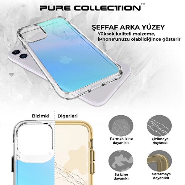 Bix iPhone 11 Pure Rainbow Renk Geçişli Şeffaf Kılıf Çizilmeye Dayanıklı Darbe Emici Parmak İzi Önleyici Mavi