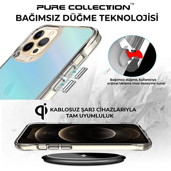 Bix iPhone 12 Pure Rainbow Renk Geçişli Şeffaf Kılıf Çizilmeye Dayanıklı Darbe Emici Parmak İzi Önleyici Mavi