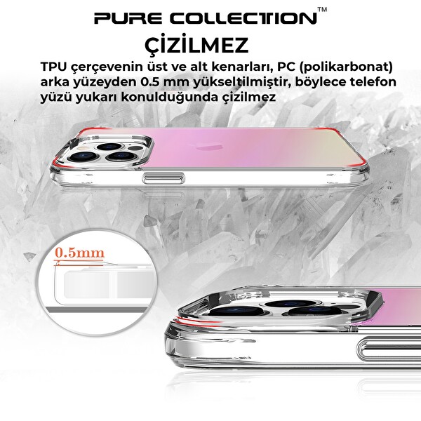 Bix iPhone 13 Pro Max Pure Rainbow Renk Geçişli Şeffaf Kılıf Çizilmeye Dayanıklı Darbe Emici Parmak İzi Önleyici Pembe