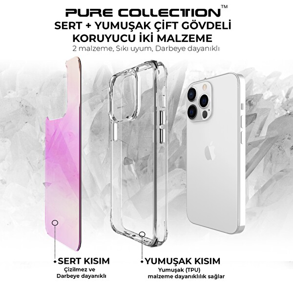 Bix iPhone 13 Pro Max Pure Rainbow Renk Geçişli Şeffaf Kılıf Çizilmeye Dayanıklı Darbe Emici Parmak İzi Önleyici Pembe