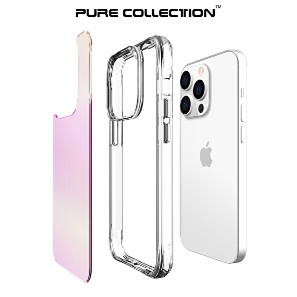 Bix iPhone 14 Pro Max Pure Rainbow Renk Geçişli Şeffaf Kılıf Çizilmeye Dayanıklı Darbe Emici Pembe