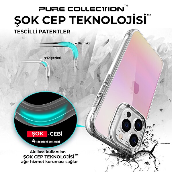 Bix iPhone 14 Pro Pure Rainbow Renk Geçişli Şeffaf Kılıf Çizilmeye Dayanıklı Darbe Emici Pembe