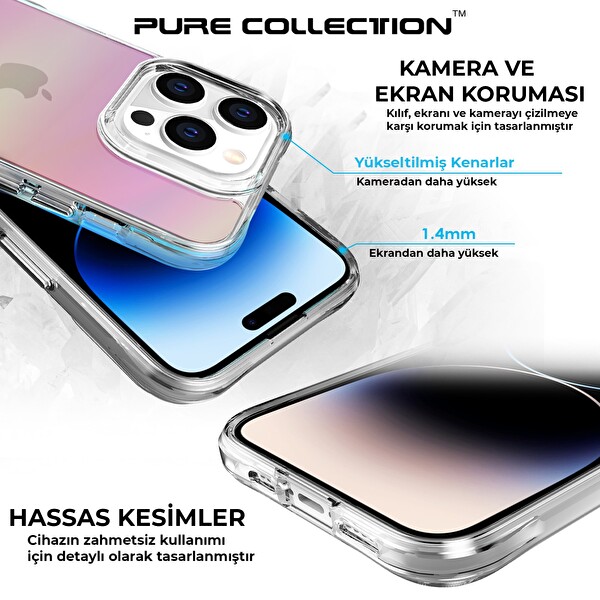 Bix iPhone 14 Pro Pure Rainbow Renk Geçişli Şeffaf Kılıf Çizilmeye Dayanıklı Darbe Emici Pembe