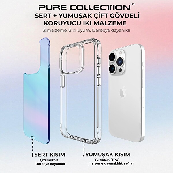 Bix iPhone 15 Pro Max Pure Rainbow Renk Geçişli Şeffaf Kılıf Çizilmeye Dayanıklı Darbe Emici Mavi