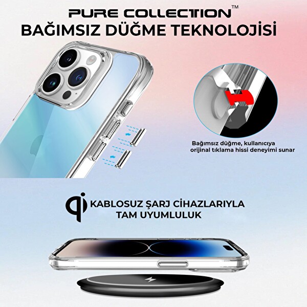 Bix iPhone 15 Pro Max Pure Rainbow Renk Geçişli Şeffaf Kılıf Çizilmeye Dayanıklı Darbe Emici Mavi