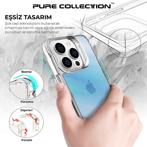 Bix iPhone 14 Pro Pure Rainbow Renk Geçişli Şeffaf Kılıf Çizilmeye Dayanıklı Darbe Emici Parmak İzi Önleyici Mavi