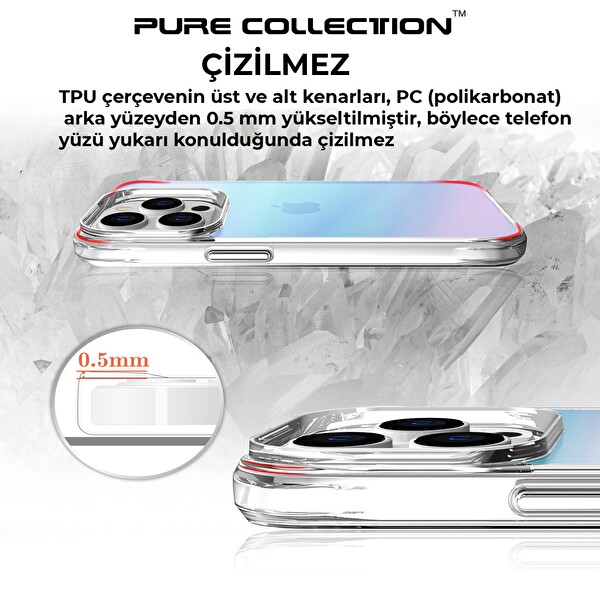 Bix iPhone 14 Pro Max Pure Rainbow Renk Geçişli Şeffaf Kılıf Çizilmeye Dayanıklı Darbe Emici Mavi