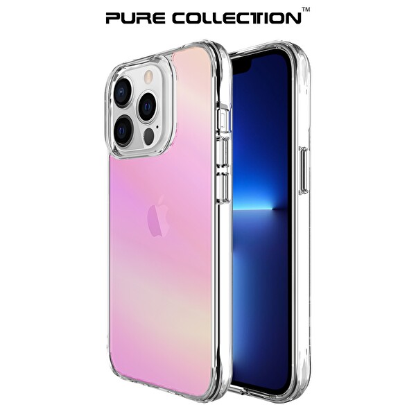 Bix iPhone 13 Pro Pure Rainbow Renk Geçişli Şeffaf Kılıf Çizilmeye Dayanıklı Darbe Emici Parmak İzi Önleyici Pembe