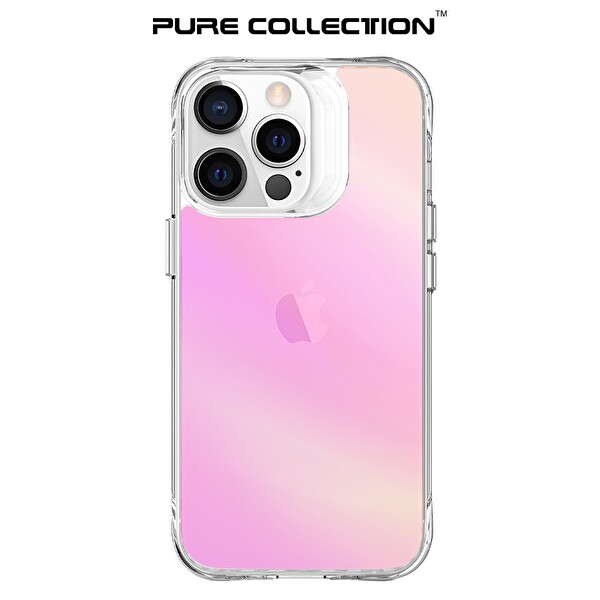 Bix iPhone 13 Pro Pure Rainbow Renk Geçişli Şeffaf Kılıf Çizilmeye Dayanıklı Darbe Emici Parmak İzi Önleyici Pembe