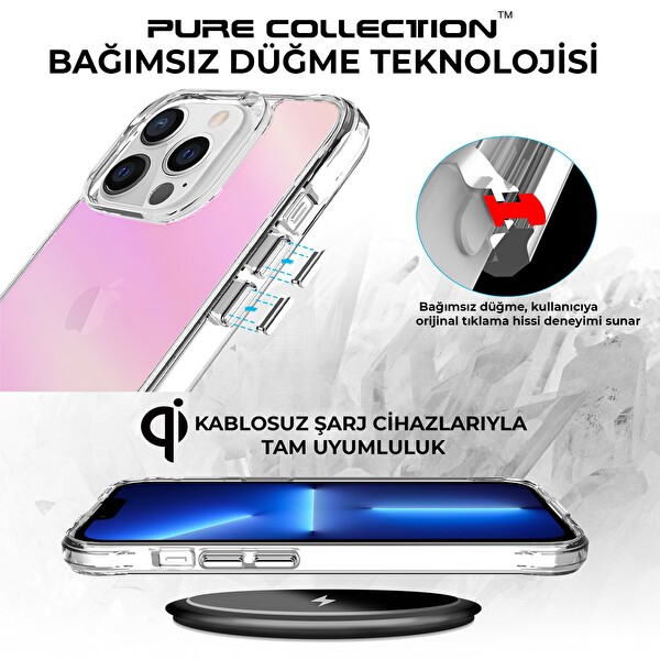 Bix iPhone 13 Pro Pure Rainbow Renk Geçişli Şeffaf Kılıf Çizilmeye Dayanıklı Darbe Emici Parmak İzi Önleyici Pembe