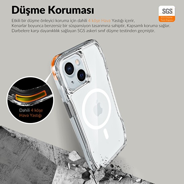 Bix iPhone 14 Plus - 15 Plus Octagon Hava Yastıklı MagSafe Kılıf Maksimum Korumalı Antrasit Kristal Şeffaf