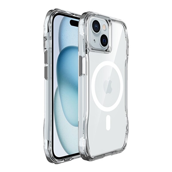 Bix iPhone 14 Plus - 15 Plus Octagon Hava Yastıklı MagSafe Kılıf Maksimum Korumalı Antrasit Kristal Şeffaf
