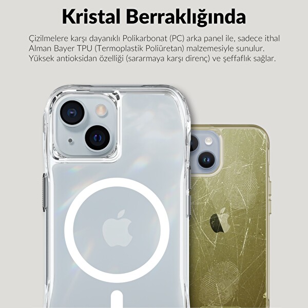 Bix iPhone 14 Plus - 15 Plus Octagon Hava Yastıklı MagSafe Kılıf Maksimum Korumalı Antrasit Kristal Şeffaf