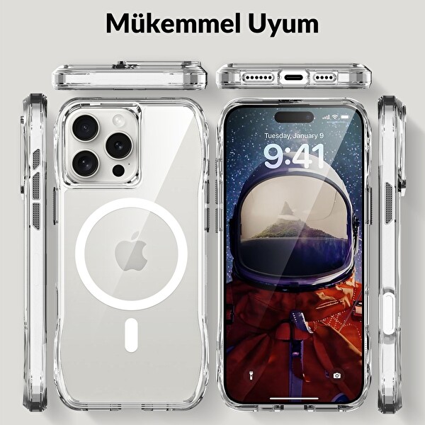 Bix iPhone 16 Pro Octagon Hava Yastıklı MagSafe Kılıf Maksimum Korumalı Antrasit Kristal Şeffaf