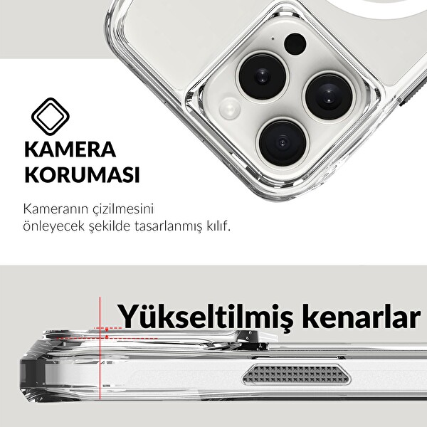 Bix iPhone 16 Pro Octagon Hava Yastıklı MagSafe Kılıf Maksimum Korumalı Antrasit Kristal Şeffaf
