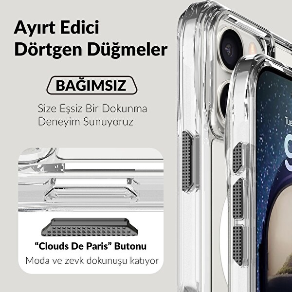 Bix iPhone 16 Pro Octagon Hava Yastıklı MagSafe Kılıf Maksimum Korumalı Antrasit Kristal Şeffaf