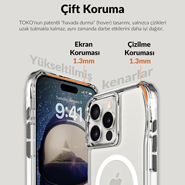 Bix iPhone 16 Pro Octagon Hava Yastıklı MagSafe Kılıf Maksimum Korumalı Antrasit Kristal Şeffaf