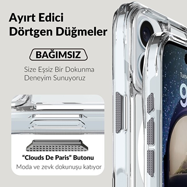 Bix iPhone 16 Uyumlu Octagon Hava Yastıklı MagSafe Özellikli Antrasit Kristal Şeffaf Telefon Kılıfı