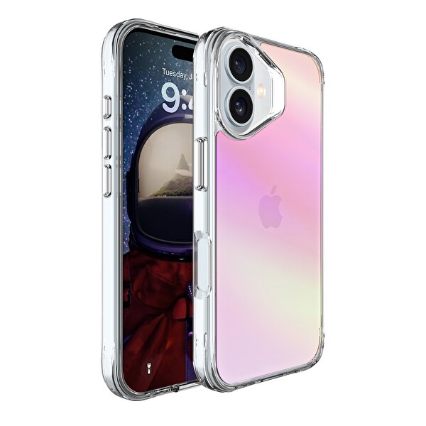 Bix iPhone 16 Plus Uyumlu Çizilmeye Dayanıklı Rainbow Geçişli Şeffaf Pembe Telefon Kılıfı