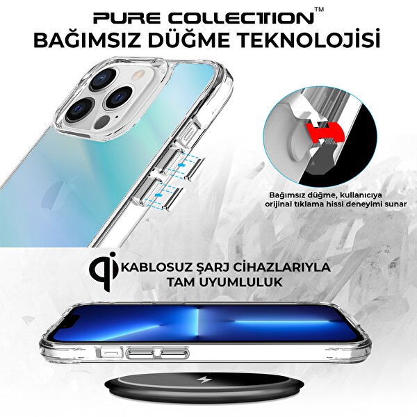Bix iPhone 13 Pro Max Pure Rainbow Renk Geçişli Şeffaf Kılıf Çizilmeye Dayanıklı Darbe Emici Parmak İzi Önleyici Mavi